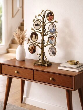 Brass-Tone Family Tree Photo Frame Stand Holds 14 photos MCM